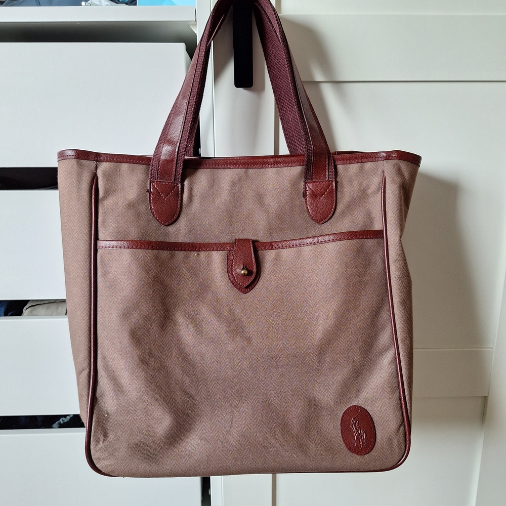 Vintage Polo Tote Bag in Brown with Burgundy Trim